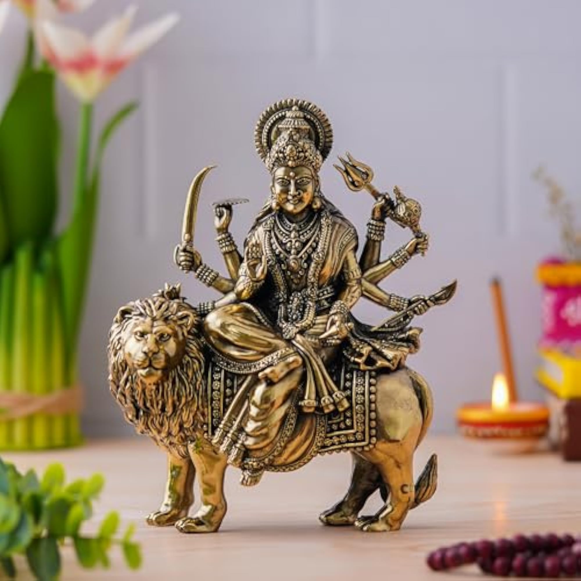 Brass Maa Durga Idol, 7.5 Inch Goddess Sherawali Statue